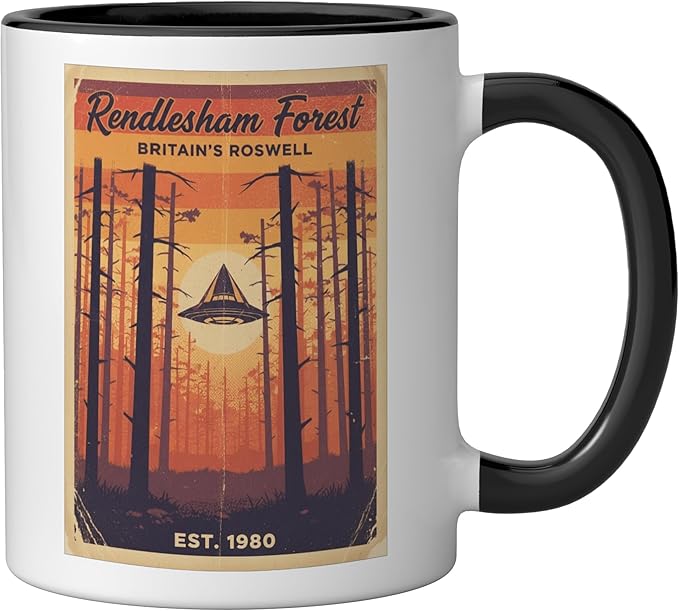 Rendlesham Forest UFO Alien Vintage UK Flying Saucer Ceramic Mug, Black/White