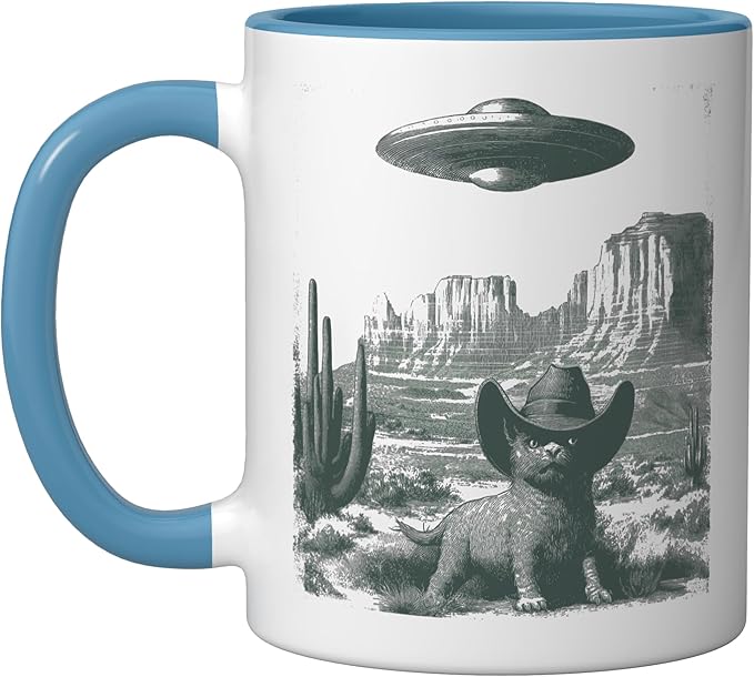 Desert Cat in Hat UFO Encounter Vintage Engraving Ceramic Mug, Blue/White