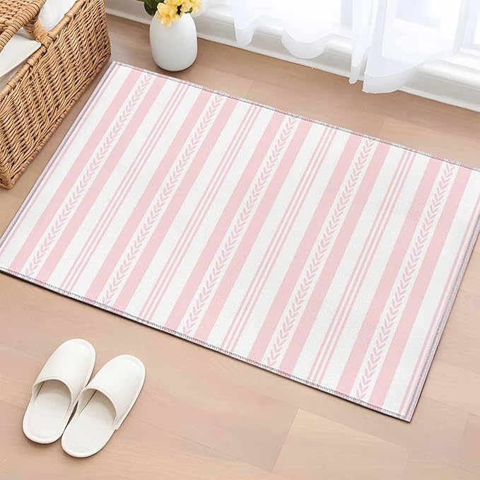 Area Rug 2x3ft, Abstract Leaf Geometric Line Washable Rugs for Living Room Bedroom, Modern Pink Stripe Theme Soft Non-Slip Area Rugs Rectangle Floor Carpet for Dining Room