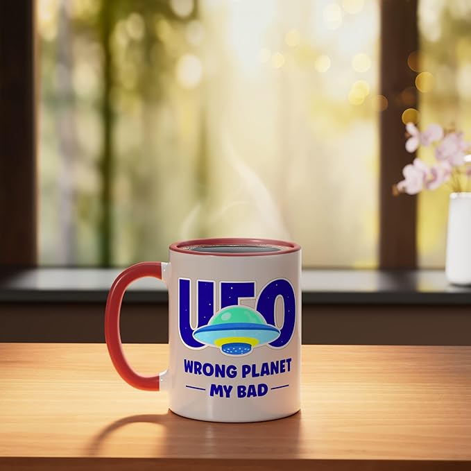 UFO Aficionado Retro Flying Saucer Wrong Planet My Bad Ceramic Mug, Red/White