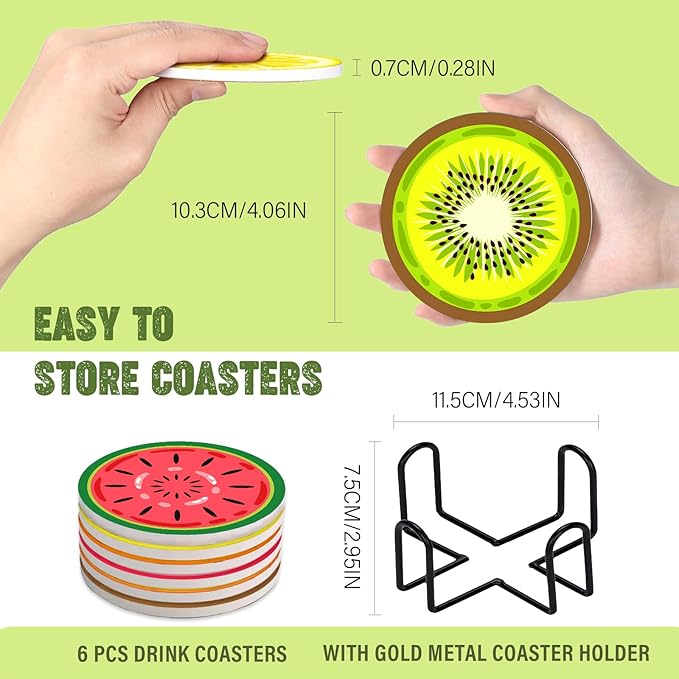 Coasters for Drinks Set of 6, Cute Fruits Round Ceramic Coasters Summer Fruit Kitchen Decor with Cork Base and Metal Holder, Non-Slip Tabletop Protection Mat for Mugs Cups Coaster, Housewarming Gift