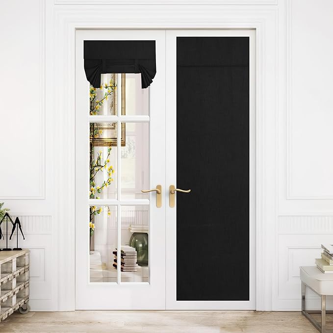 NICETOWN Linen Door Curtains - 100% Blackout French Thermal Insulated Curtain Bedroom Window Drape for Patio Door Sidelight Glass Privacy Tie Up Blind, W26 x L80, 1 Panel, Black