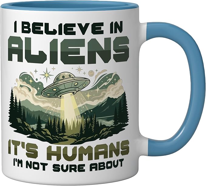 Alien Believer UFO Extraterrestrial Space Lover Ceramic Mug, Blue/White