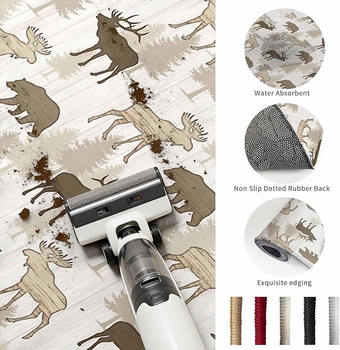 Area Rug 2x3ft, Animal Moose Bears Washable Rugs for Living Room Bedroom, Retro Rustic Pine Trees Soft Non-Slip Area Rugs Rectangle Floor Carpet for Dining Room