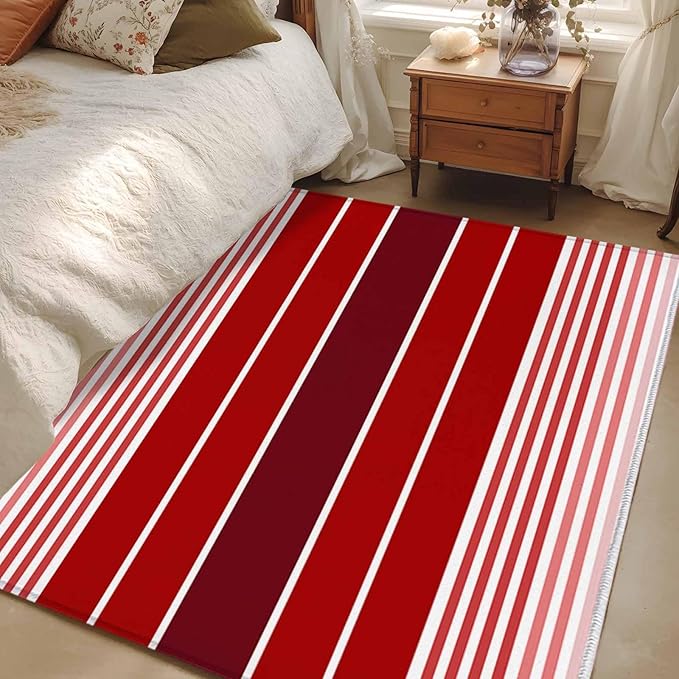 Area Rug 4x6ft, Abstract Gradient Red White Stripes Washable Rugs for Living Room Bedroom, Ombre Modern Art Soft Non-Slip Area Rugs Rectangle Floor Carpet for Dining Room
