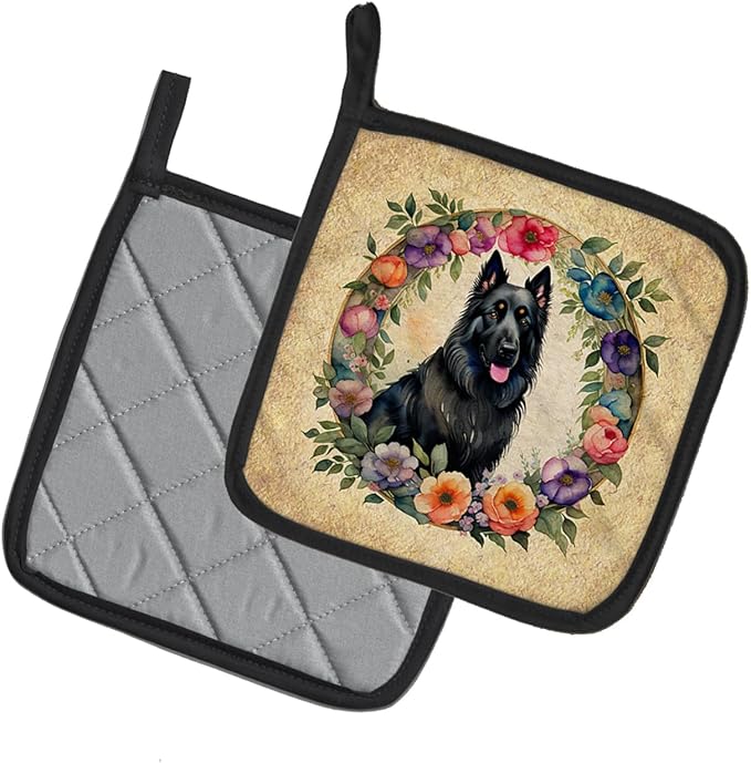Caroline's Treasures Belgian Sheepdog and Flowers Pair of Pot Holders Kitchen Heat Resistant Pot Holders Sets Oven Hot Pads for Cooking Baking BBQ, 7 1/2 x 7 1/2