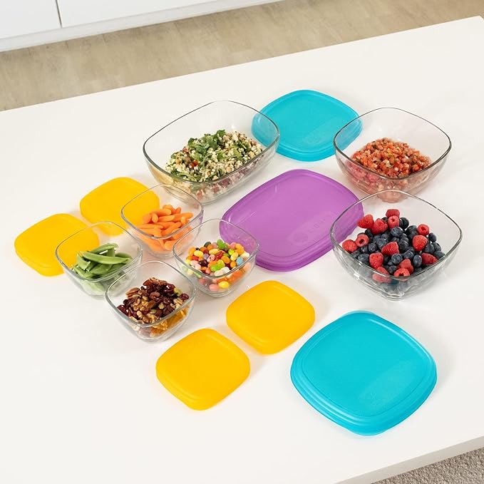 Libbey Serve It 14 Piece Glass Storage Container Set with 2 Cup, 6 Cup, and 8 Cup Bowls and Multi Color Lids