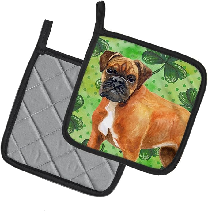 Caroline's Treasures BB9814PTHD German Boxer St Patrick's Pair of Pot Holders, Green Kitchen Heat Resistant Pot Holders Sets Oven Hot Pads for Cooking Baking BBQ, 7 1/2 x 7 1/2