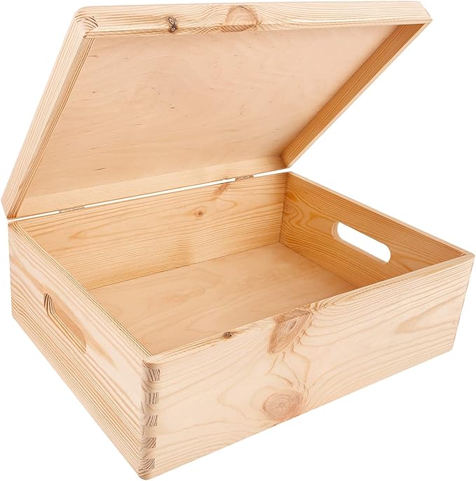 Creative Deco XL Wooden Storage Box with Hinged Lid | 15.8x11.8x5.5in (+-0.5) | Keepsake Unfinished Plain Unfinished Gift Box with Handles for Tool Toy Kitchen Jewelry | ROUGH & UNSANDED Wood Trunk