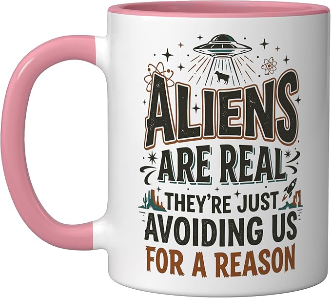 Aliens UFO Space Sci Fi Believer Extraterrestrial Ceramic Mug, Pink/White