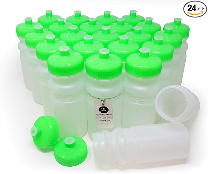 Rolling Sands Reusable Bulk Water Bottles 24 Pack - 20 Oz Sports Water Bottles, USA Made, BPA-Free, Wide Mouth for Easy Cleaning, Dishwasher Safe - Clear Frost Bottle/Neon Lime Green Lid