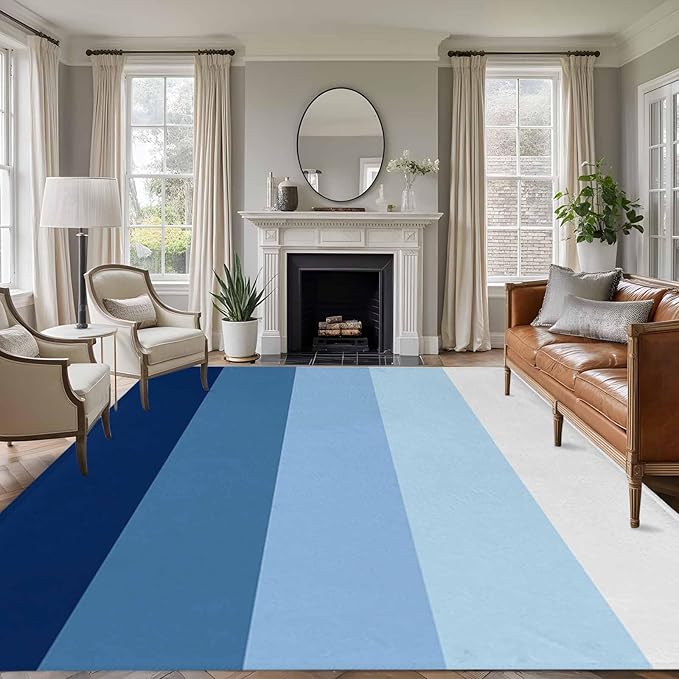 Area Rug 6x9ft, Minimalist Blue White Ombre Stripe Washable Rugs for Living Room Bedroom, Modern Gradient Art Soft Non-Slip Area Rugs Rectangle Floor Carpet for Dining Room