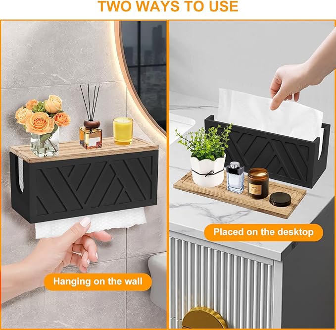 Qivine Paper Towel Dispenser Wall Mount, 2-in-1 Wooden Paper Towel Holder, Toilet Napkin Holder Dispenser with Lid Removable Top Tray for Bathroom Kitchen Decor Home and Commercial (Black)