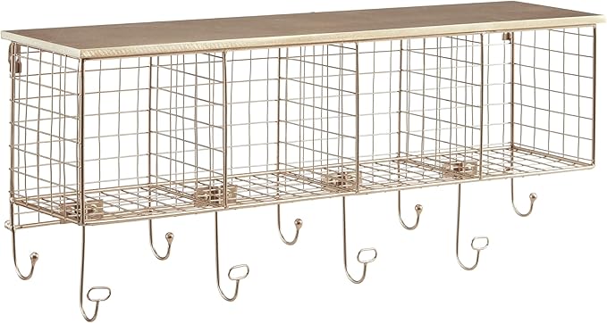 Linon Lanette Gold Metal Four Cubby Wall Shelf with Wood Shelf and Four Hooks