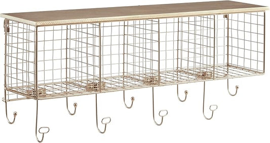 Linon Lanette Gold Metal Four Cubby Wall Shelf with Wood Shelf and Four Hooks