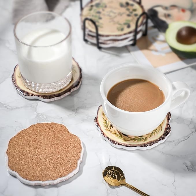 Ceramic Coasters Set of 6,Absorbent Coasters with Holder,Drink Coasters for Home Bar Kitchen Outdoor 4.32 Inches