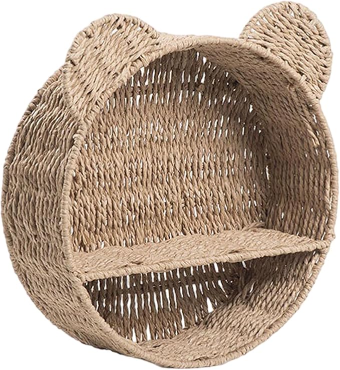 PURPLELILY Rattan Hanging Storage Basket Bear Ear Shape Wall Shelf Woven Wall Mounted Storage Rack Floating Shelves Home Decoration