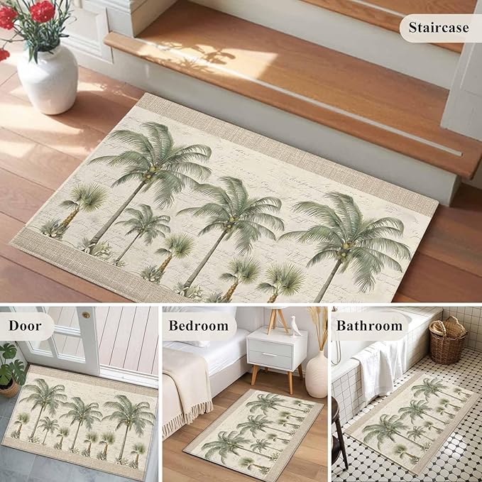 Area Rug 2x3ft, Coastal Tropical Olive Green Palm Trees Washable Rugs for Living Room Bedroom, Classic Retro Linen Soft Non-Slip Area Rugs Rectangle Floor Carpet for Dining Room