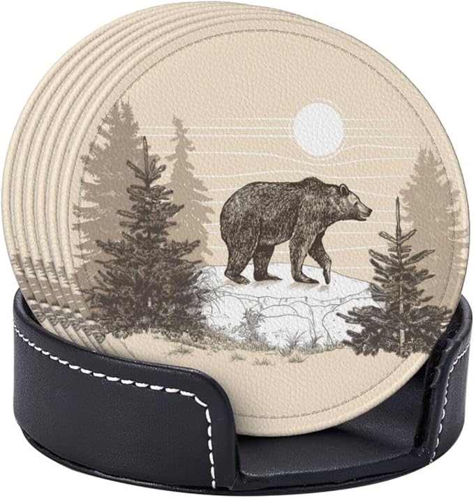 Famame 6 Pcs Vintage Bear in Stone Leather Coasters for Drinks with Holder Coaster Sets Drink Table Cup Coasters for Living Room Kitchen Coffee Decor