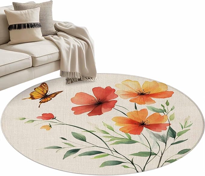 Washable Round Area Rug Summer Watercolor Flower Butterfly Circle Rugs Floor Carpet for Living Room Bedroom, Green Leaves Retro Linen Soft Non Slip Round Rug 3ft