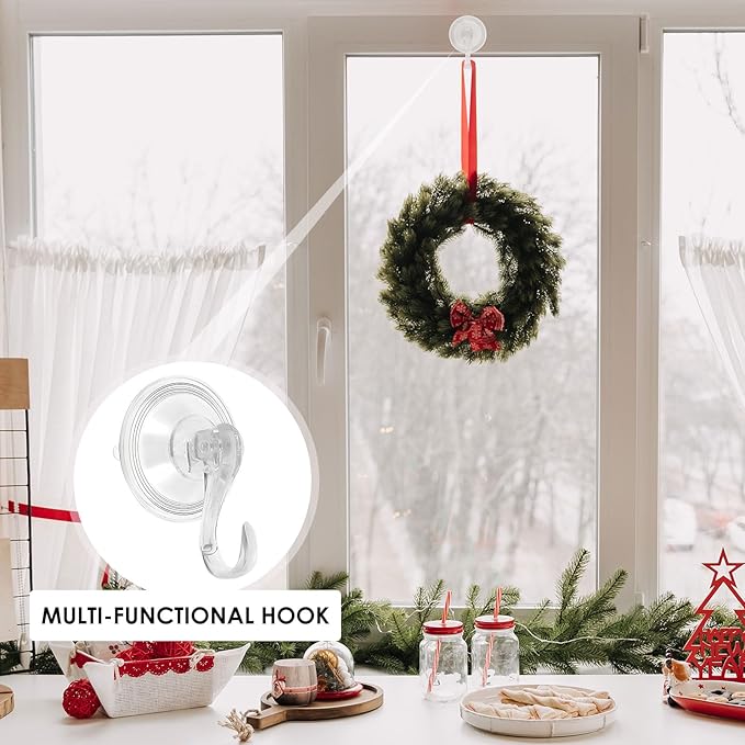12Pcs Clear Wreath Hanger 22 LB Suction Cup Hooks Reusable Shower Suction Cup Hook Wall Window Bathroom Plastic Vacuum Hooks Wreath Holder for Glass Doors Christmas Decorations Wreath Lights Stockings