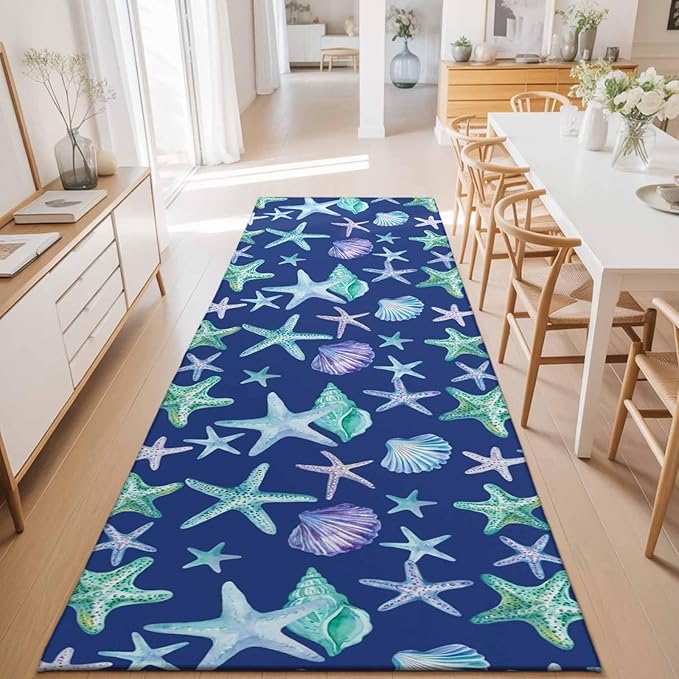 Runner Rug for Bedroom Hallway, Summer Starfish Shell Conch Kitchen Runner Rugs Area Rug 2x6ft, Marine Creature on Blue Washable Soft Floor Carpet for Entryway Stair