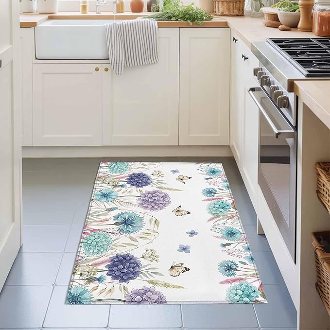Area Rug 2x3ft, Spring Flower Thistle Hydrangea Washable Rugs for Living Room Bedroom, Wild Garden Floral Butterfly Soft Non-Slip Area Rugs Rectangle Floor Carpet for Dining Room