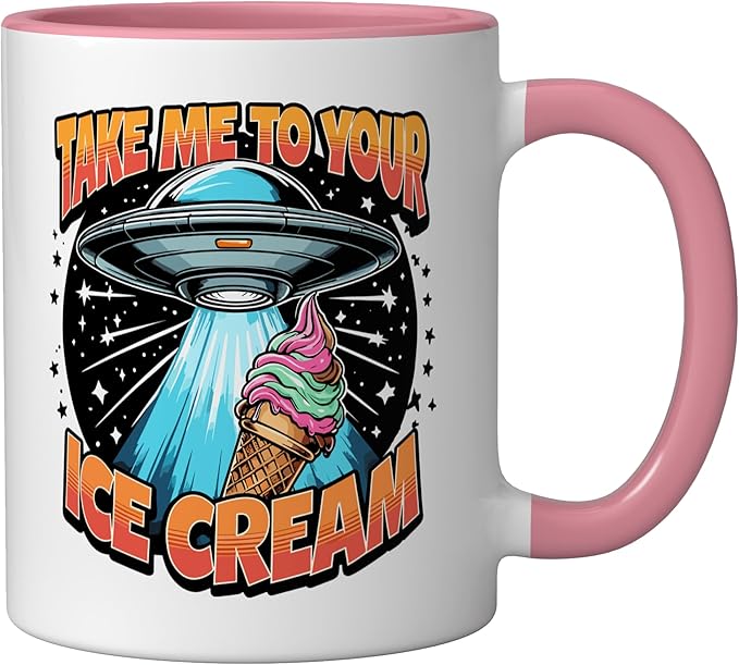 Take Me to Your Ice Creams UFO Abduction Funny Ice Cream Ceramic Mug, Pink/White