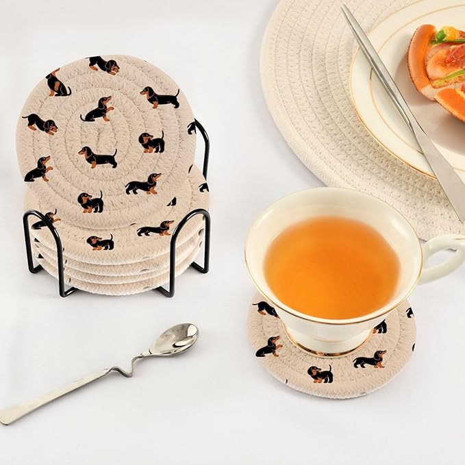 YETTASBIN Cute Dachshund Dog 6 Pcs Drink Coasters with Holder, Cotton Woven Absorbent Heat-Resistant Round Coaster Non-Slip Table Mat for Kitchen Bar Home Decor Housewarming Gift, 3.9 in