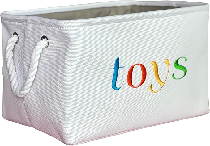 APPLE PIE ORDER Nursery basket, Storage & organizer Bin for Baby, Diapers, Wipes, Books, Toys. White Canvas fabric Decorative Box with Embroidering. (Toys - colorful, Medium)
