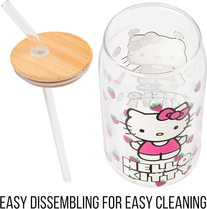 Silver Buffalo Sanrio Hello Kitty Strawberry Glass Jar Tumbler with Bamboo Lid and Glass Straw,16 Ounces,(Pack of 12)