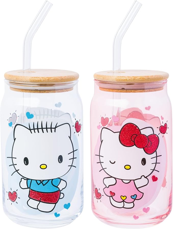 Silver Buffalo Sanrio Hello Kitty and Friends Glitter 2 Pack Glass Tumbler with Bamboo Lid and Glass Straw Set Featuring Hello Kitty and Dear Daniel, 16 Ounces
