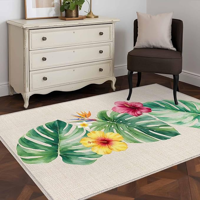 Area Rug 4x6ft, Country Monstera Hibiscus Foliage Washable Rugs for Living Room Bedroom, Tropical Plant Vintage Linen Soft Non-Slip Area Rugs Rectangle Floor Carpet for Dining Room