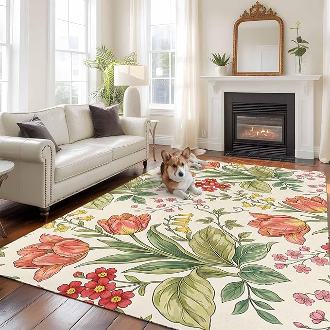 Area Rug 6x9ft, Vintage Tulips Red Daisies Washable Rugs for Living Room Bedroom, Yellow Blooms Floral Pattern Soft Non-Slip Area Rugs Rectangle Floor Carpet for Dining Room