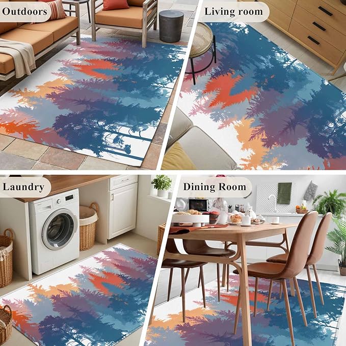 Area Rug 4x6ft, Abstract Trees Forest Silhouette Washable Rugs for Living Room Bedroom, Natural Scene Plants Soft Non-Slip Area Rugs Rectangle Floor Carpet for Dining Room