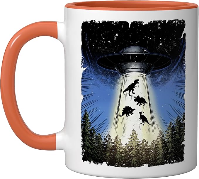 UFO Dinosaur Alien Abduction Flying Saucer Conspiracy Ceramic Mug, Orange/White