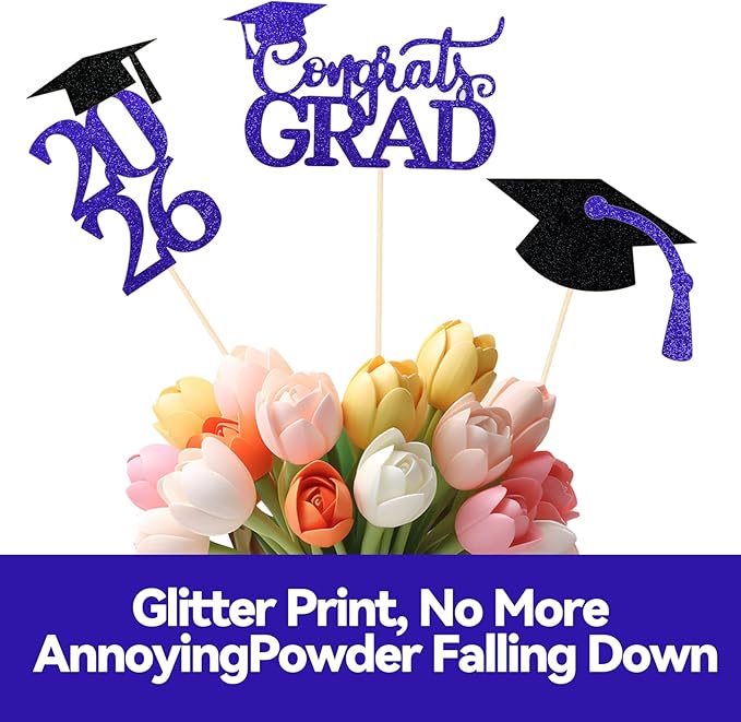 Graduation Decorations 2026, 16 PCS Gold and Blue Double Sided Graduation Centerpieces Sticks Glitter for Tables, Table Toppers Set for Class of 2026 Congrats Grad Party Supplies (Blue)