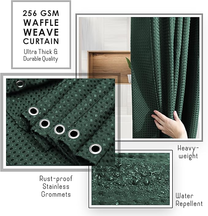 Clara Clark Hunter Green Shower Curtain Set with Black Shower Caddy Hanging - Fabric Shower Curtains and Stainless Steel Shower Caddies, Bathroom Shower Curtain Sets with Corner Shower Caddy Dorm
