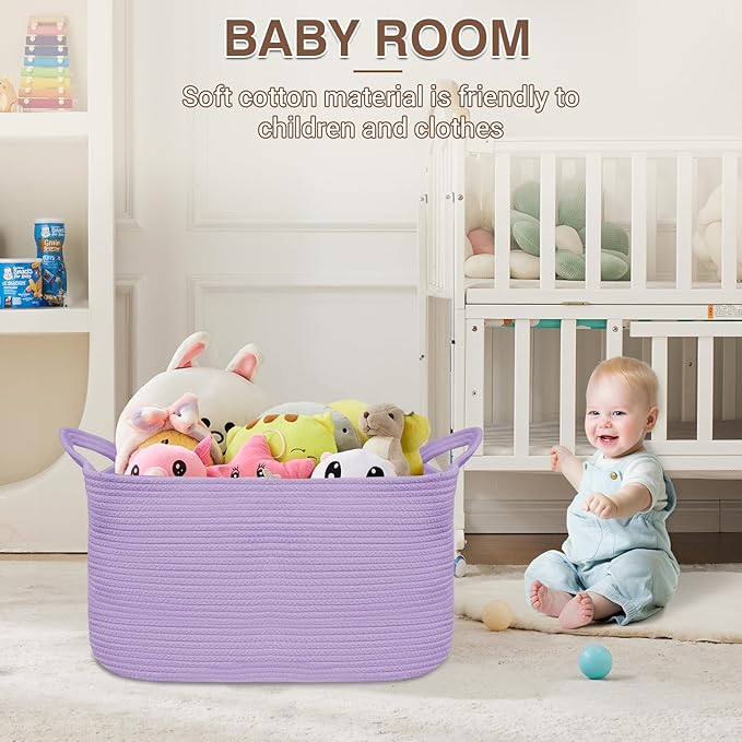 YOUDENOVA Nursery Storage Basket，21.6''×14.9''×11.8'' Rectangle Cotton Rope Blanket Basket, Nursery Laundry Hamper for Organizing，Toy Basket for Living Room, Bedroom