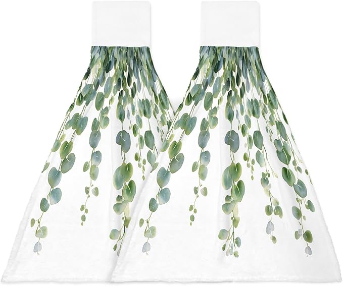 Alandar Home Kitchen Tie Towel Set of 2, Spring Green Eucalyptus Leaves Absorbent Soft Hand Towels for Bathroom Hanging Towels, Watercolor Botanical Fast Drying Cleaning Cloth with Loop