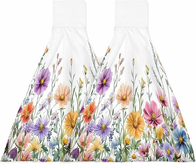 Alandar Home Kitchen Tie Towel Set of 2, Country Flower Leaf Watercolor Plant Absorbent Soft Hand Towels for Bathroom Hanging Towels, Wildflower Floral Fast Drying Cleaning Cloth with Loop