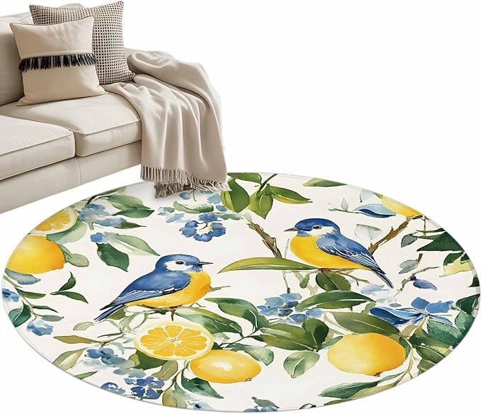 Washable Round Area Rug Pastoral Vintage Lemon Blue Bird Circle Rugs Floor Carpet for Living Room Bedroom, Retro Yellow Fruit Flowers Soft Non Slip Round Rug 3ft