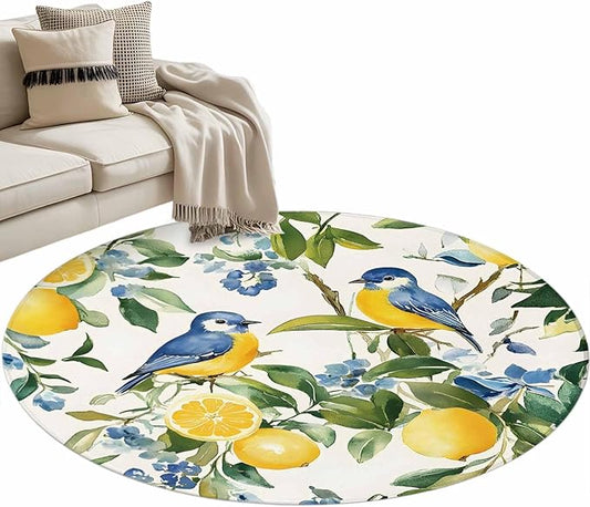 Washable Round Area Rug Pastoral Vintage Lemon Blue Bird Circle Rugs Floor Carpet for Living Room Bedroom, Retro Yellow Fruit Flowers Soft Non Slip Round Rug 4ft