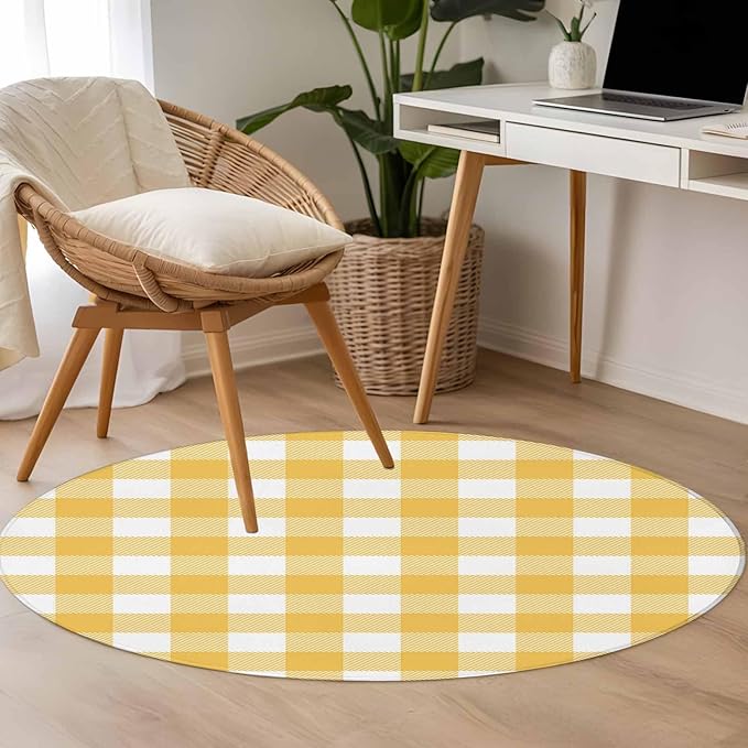 Washable Round Area Rug Rustic Country Yellow and White Buffalo Lattice Checked Circle Rugs Floor Carpet for Living Room Bedroom, Farm Style Soft Non Slip Round Rug 4ft