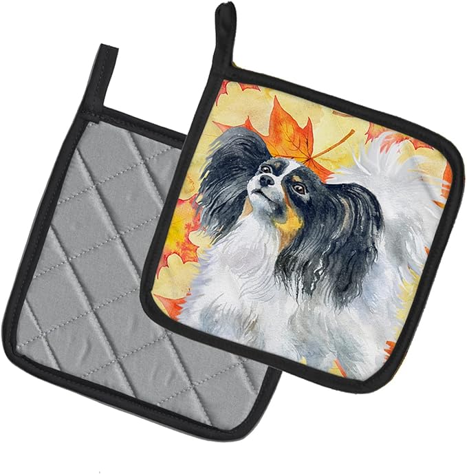 Caroline's Treasures BB9918PTHD Papillon Fall Pair of Pot Holders, Yellow Kitchen Heat Resistant Pot Holders Sets Oven Hot Pads for Cooking Baking BBQ, 7 1/2 x 7 1/2