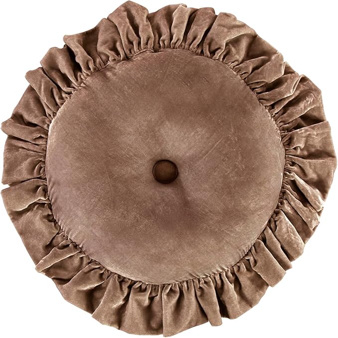 HiEnd Accents Stella Faux Silk Velvet Round Ruffled Pillow, Dusty Rose, Romantic Western Modern Traditional Style Luxury Bedding, Decorative Throw Pillow