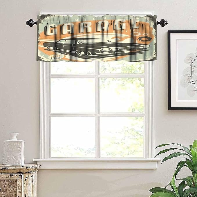Man Cave Valances Curtains Promotional Retro Design Auto Mechanic Car Service Style Concept Nostalgic Vehicle Windows Short Curtain Valance for Kitchen Bedroom with Rod Pocket, 1 Panel 54X18 Inches