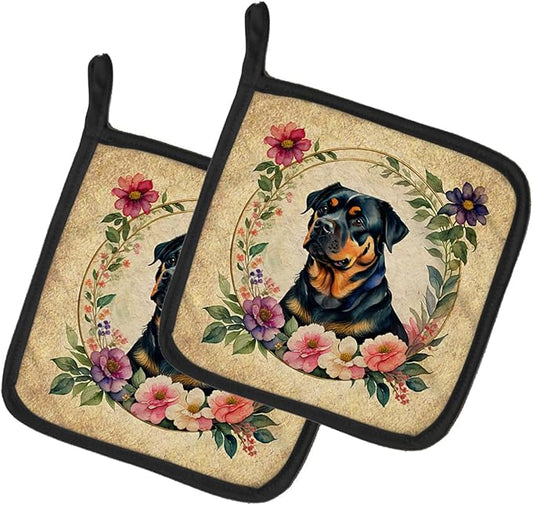Caroline's Treasures Rottweiler and Flowers Pair of Pot Holders Kitchen Heat Resistant Pot Holders Sets Oven Hot Pads for Cooking Baking BBQ, 7 1/2 x 7 1/2