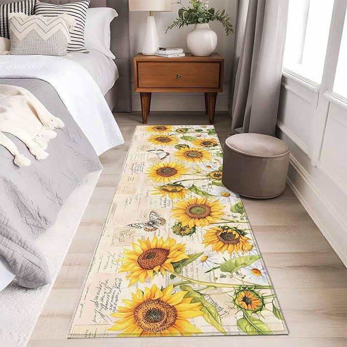 Sunflower Farmhouse 2x6 Kitchen Runner Rug, Retro Floral Butterflies Non-Skid Rubber Backing Large Rectangle Rugs - Living Room Bedroom Home Office, Spring Summer Indoor Floor Mat Carpets Washable Rug