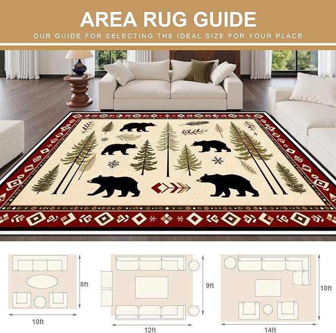 8x10 Area Rugs for Bedroom Boho Washable Man Cave Rug for Living Room Rustic Bear Pine Tree Wilderness Autumn Elements Soft Rubber Backed Non-Slip Large Carpets for Boys